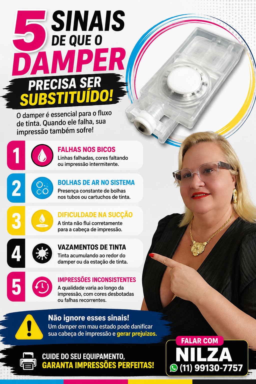 5 Sinais de Damper Ruim — flyer informativo com contato da Nilza.