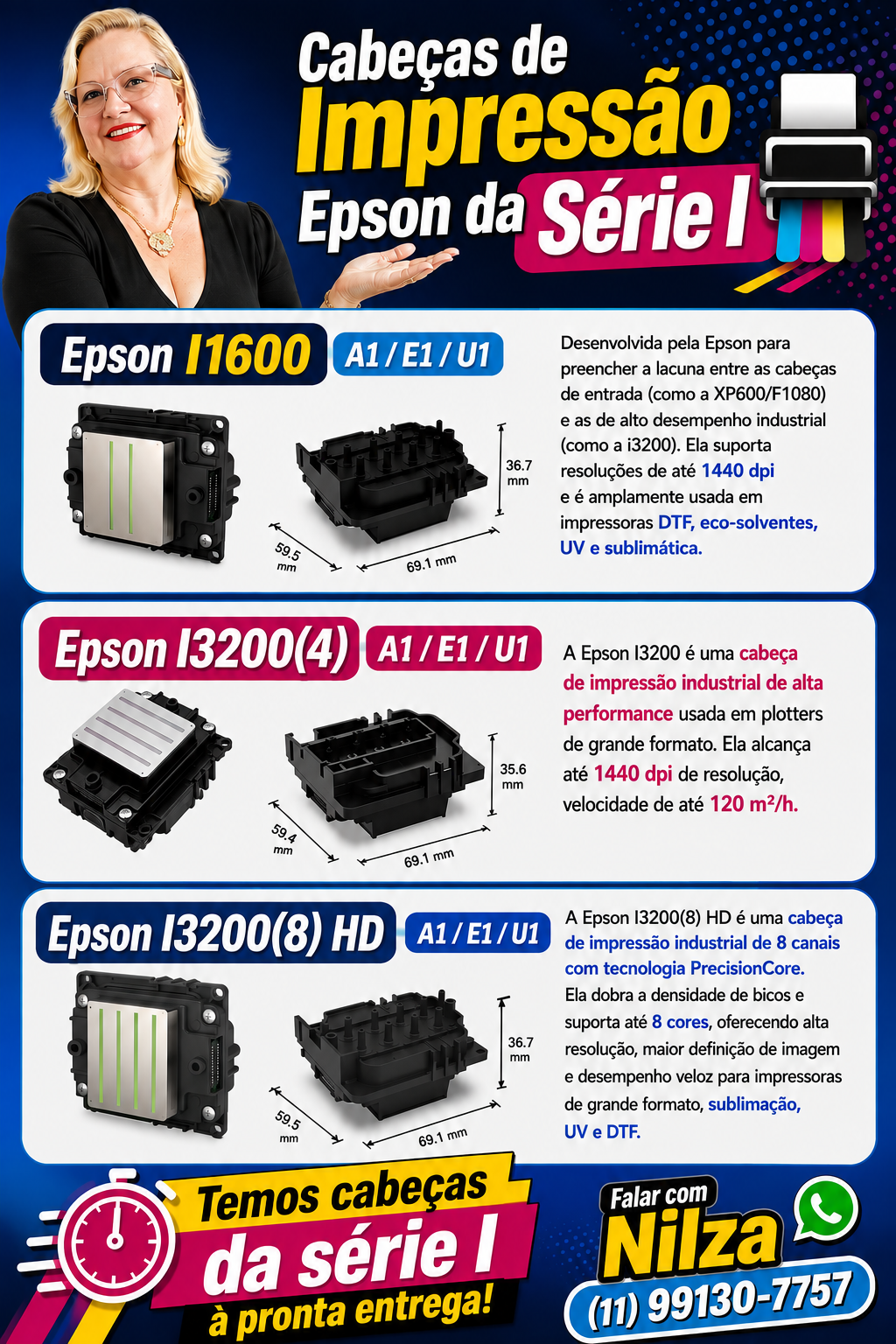 Cabeças de Impressão Epson da Série I — flyer informativo com contato da Nilza.