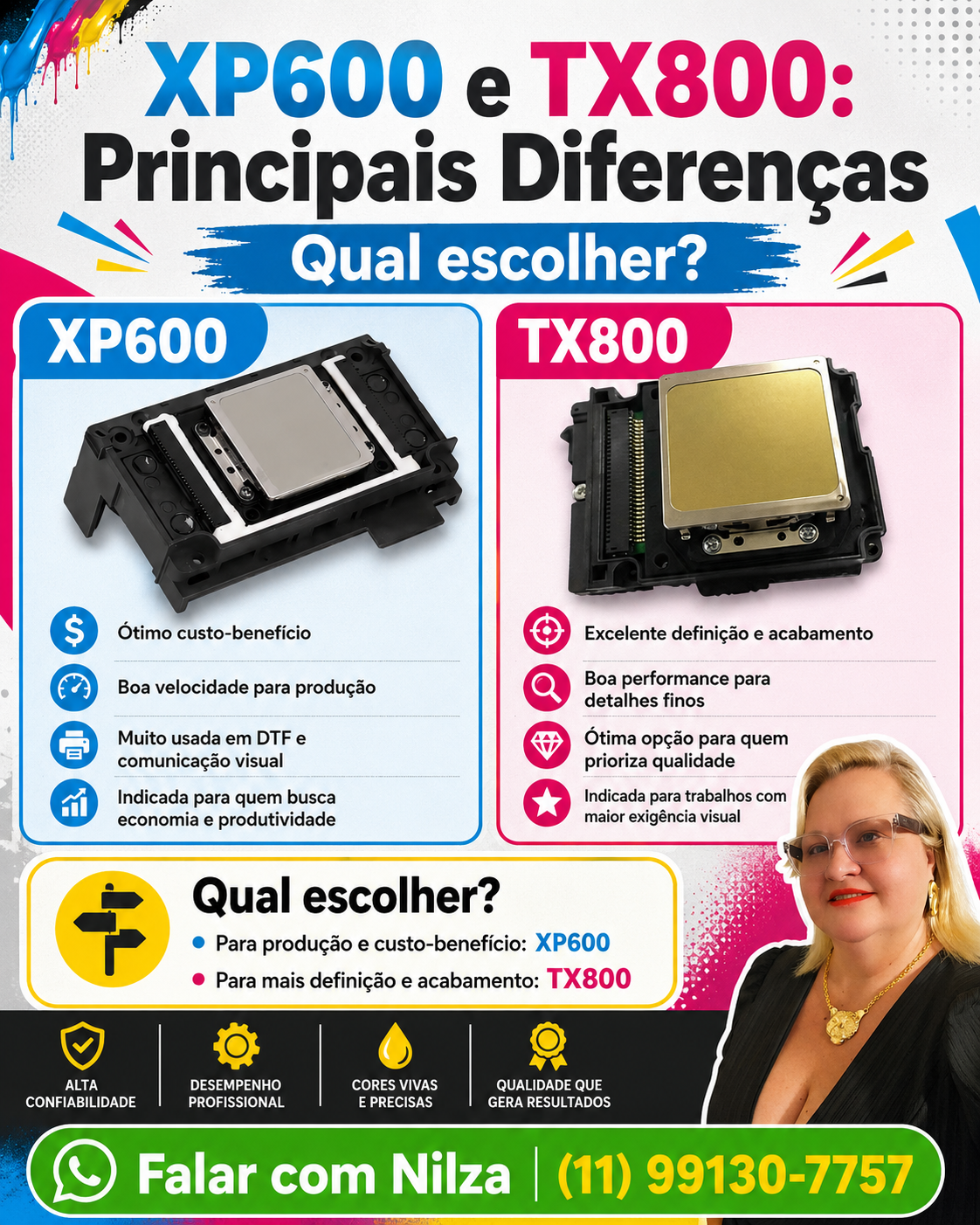 Diferenças em XP600 e TX800 — flyer informativo com contato da Nilza.