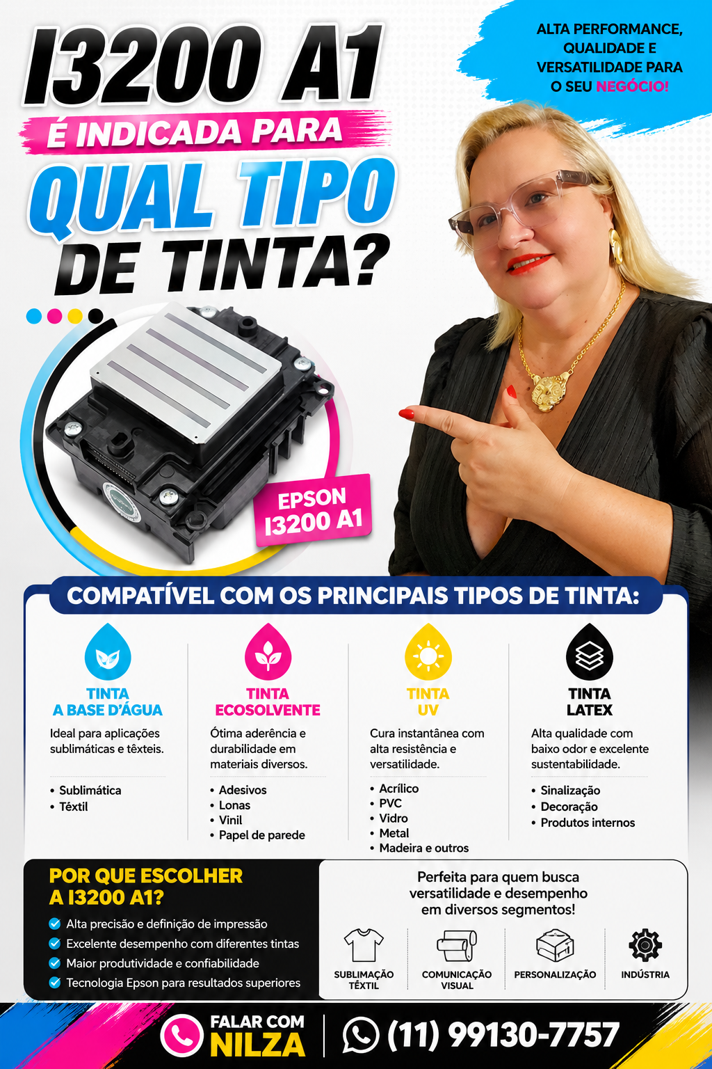 i3200 A1 Qual o Tipo de Tinta? — flyer informativo com contato da Nilza.