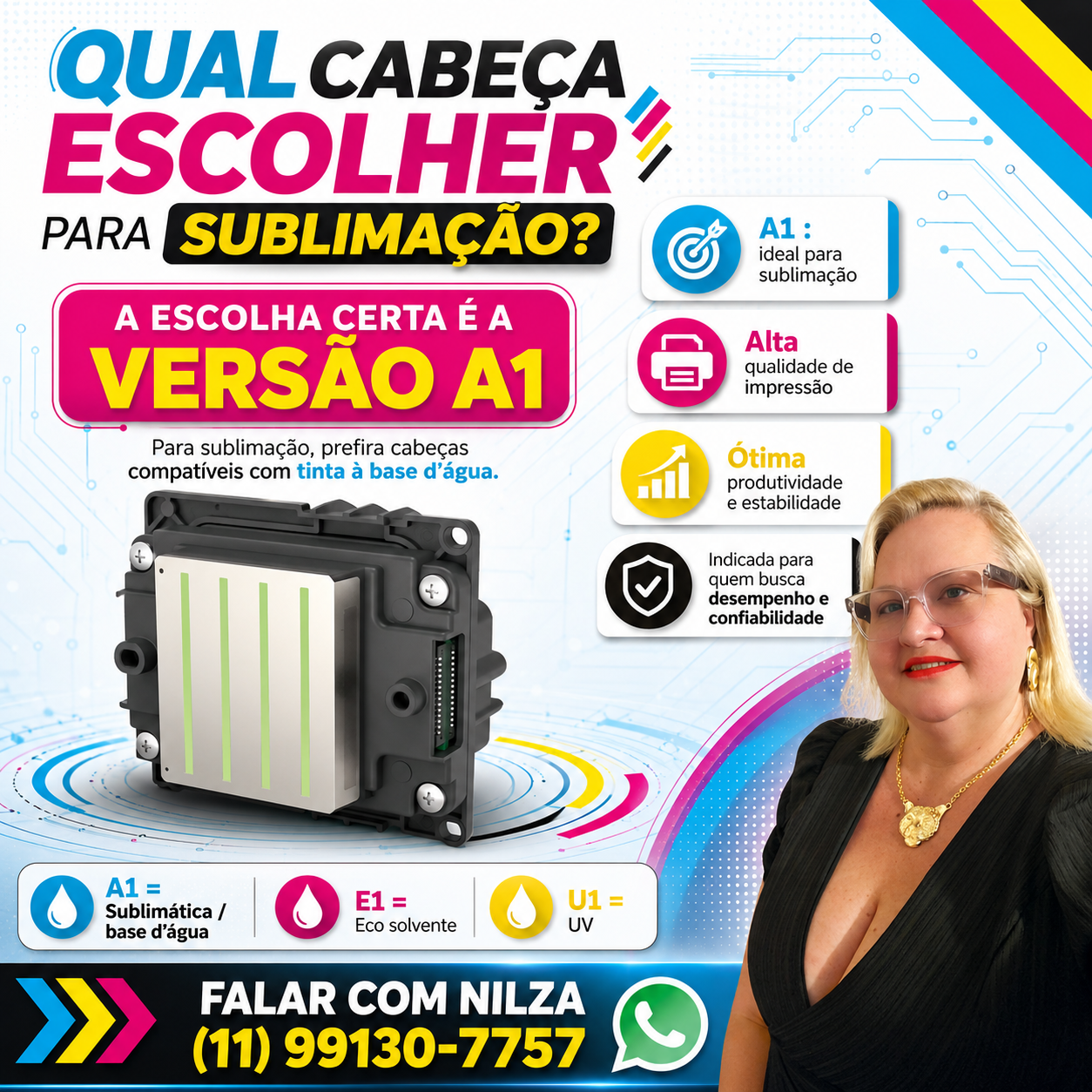 Qual Cabeça Para Sublimação? — flyer informativo com contato da Nilza.