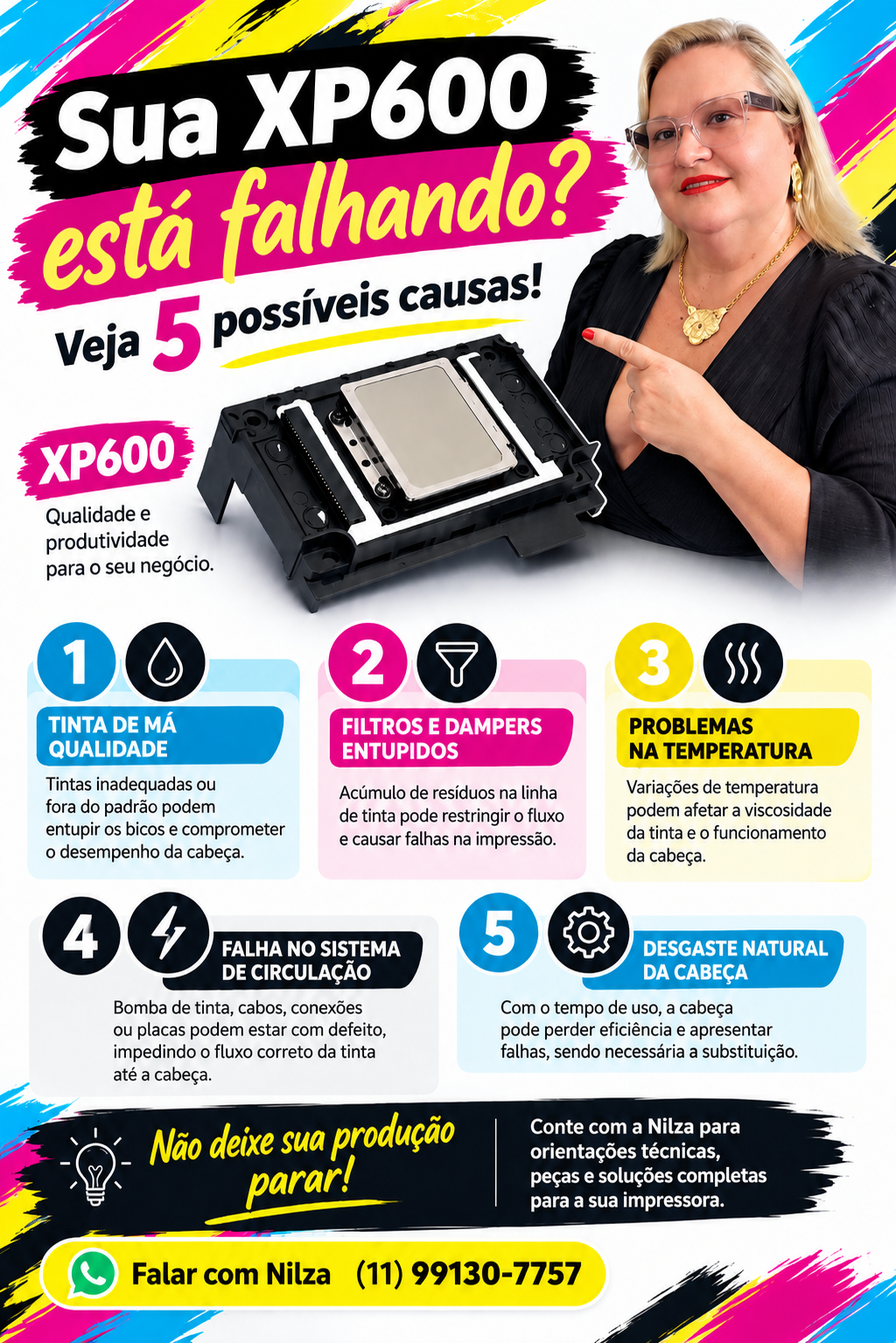 Sua XP600 Está Falhando? — flyer informativo com contato da Nilza.