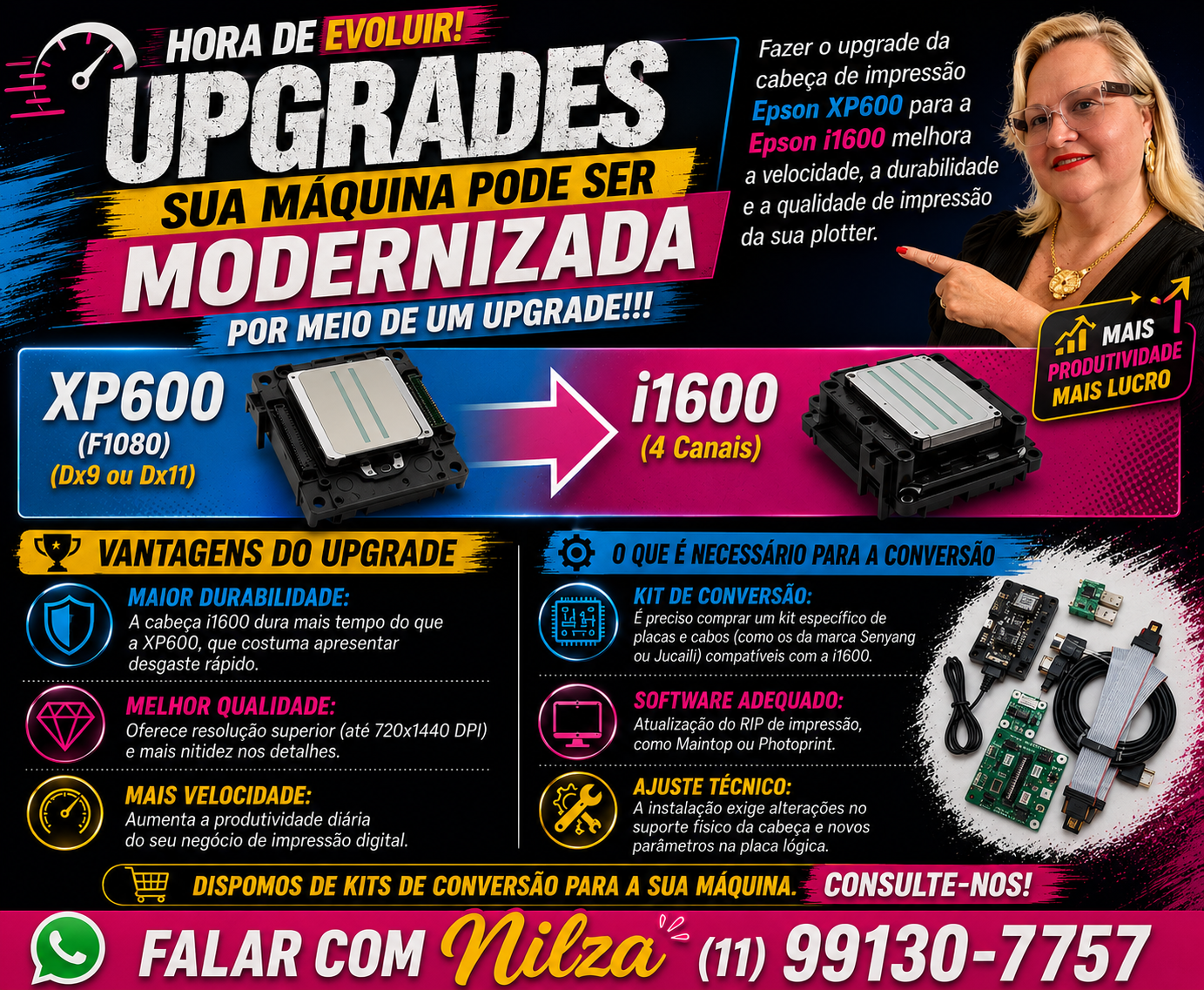 Upgrade de XP600 para i1600 — flyer informativo com contato da Nilza.