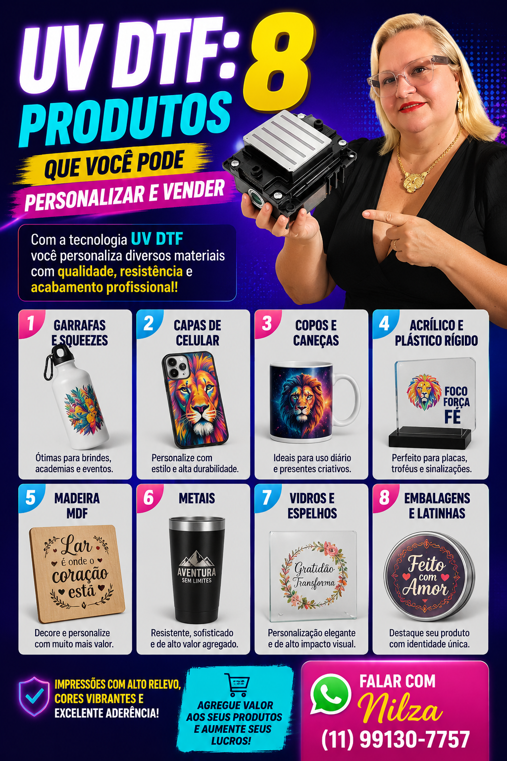 UV DTF 8 Produtos — flyer informativo com contato da Nilza.