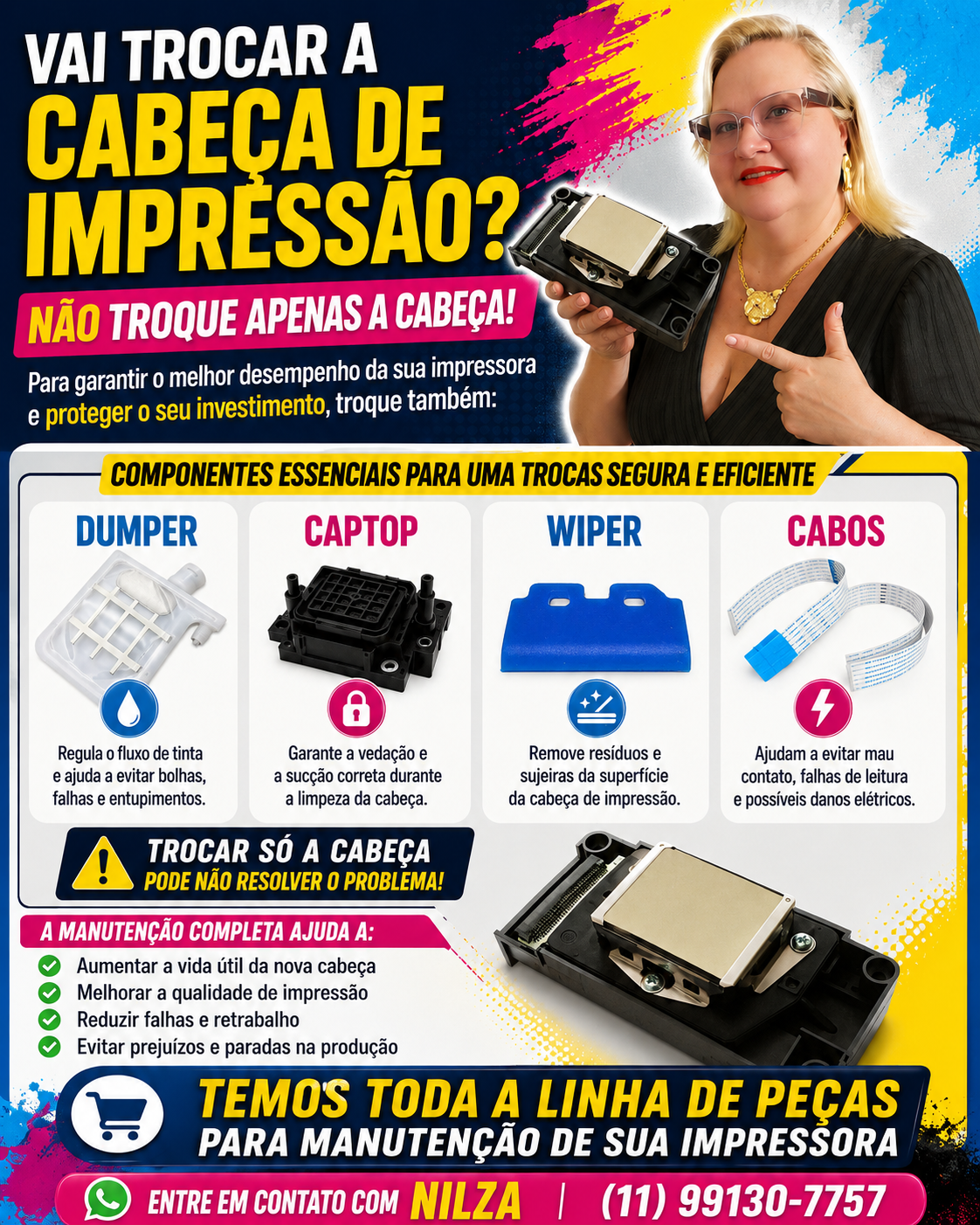 Flyer Vai Trocar a Cabeça de Impressão, com Dumper, Captop, Wiper, Cabos e contato da Nilza.